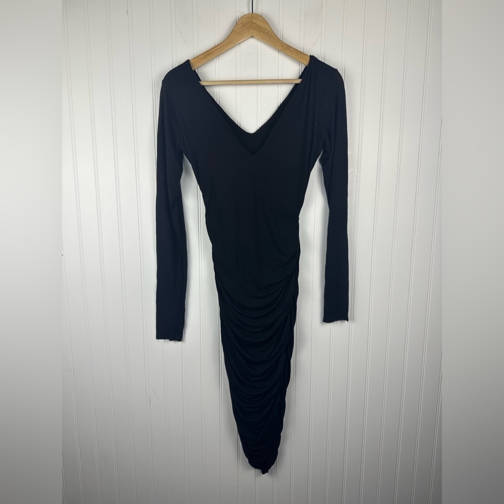 Bailey 44 Black Deep V Ruched Long Sleeve Midi Dress Women’s Medium
